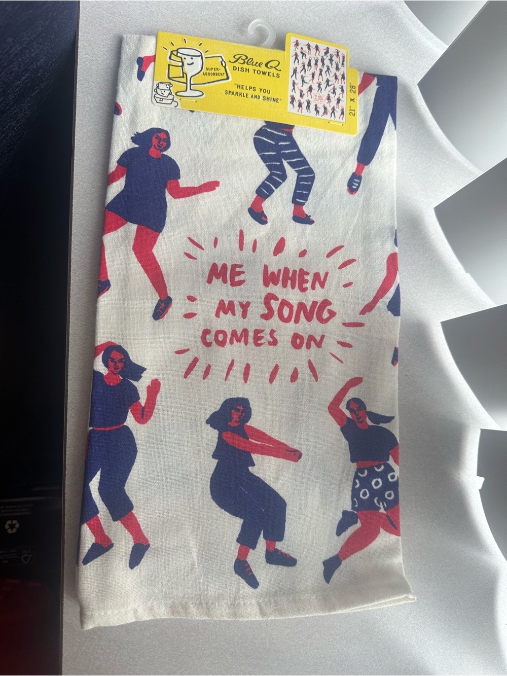 Blue Q White Dish Towel with Navy & Red Dancing Print